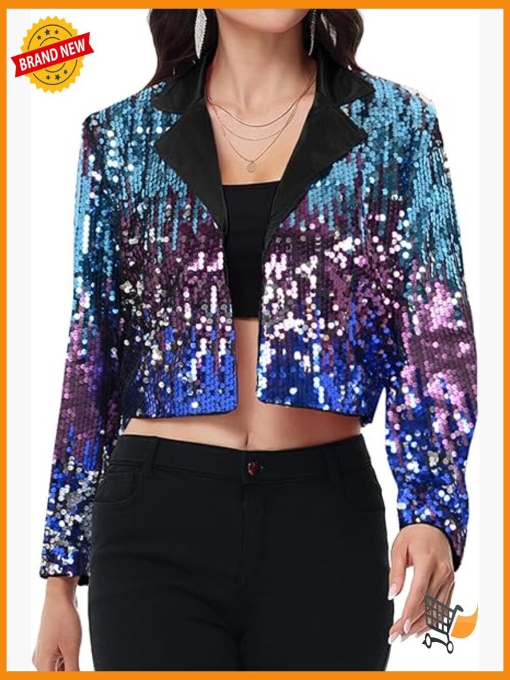 V-Neck Crop Sequin Blazer Long Sleeve Open Front Party Jacket